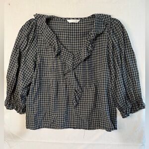 LC Lauren Conrad Navy and Tan Plaid Ruffle-Neck Plus Blouse Sz XXL